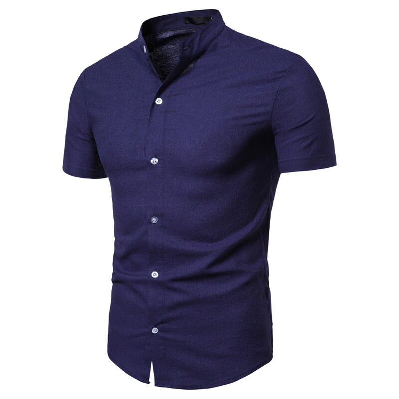 Sommar herr kortärmad solid slim fit stativ krage bomull linne skjorta vanlig plus size 3xl herrkläder: Marin / Xxl 75-82kg