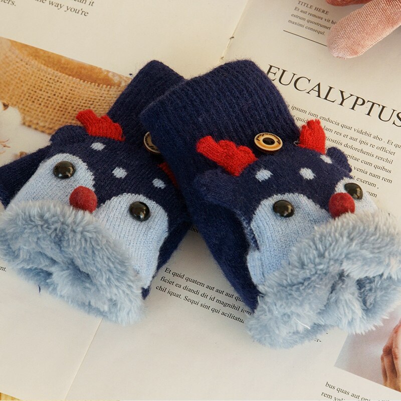Mitaines de renne de dessin animé pour enfants, hiver , Plus velours, gants tricotés pour bébés filles de 1 à 8 ans: Navy
