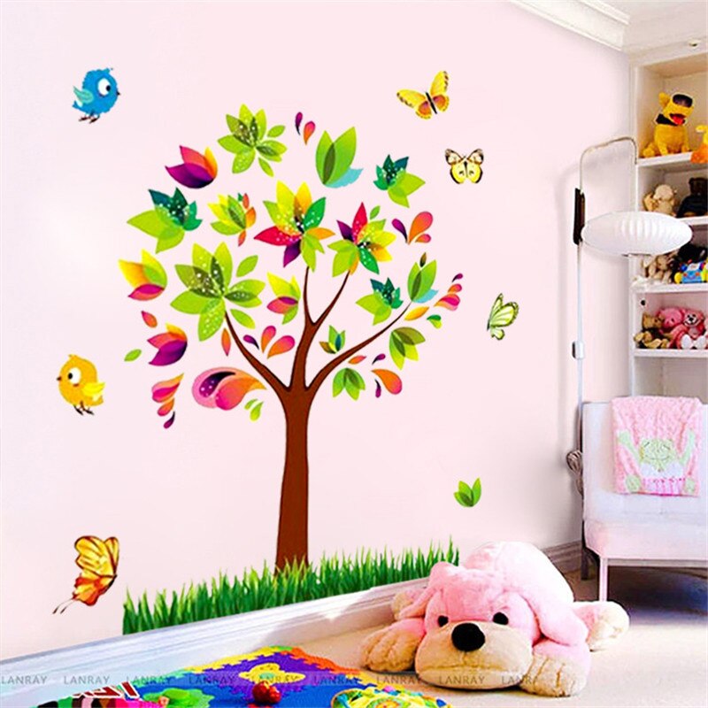 Mural de vinilo de pájaros y árboles para decoración del hogar, calcomanías de pared para habitación de niños, habitación de bebé, guardería, bricolaje