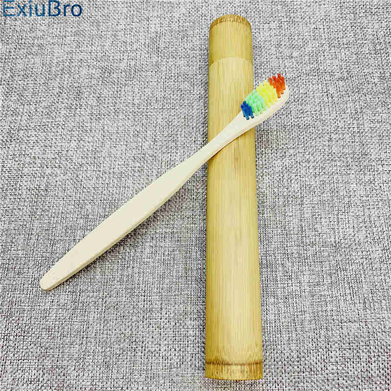 ExiuBro Rainbow Bristle Vegan Free Bamboo Toothbrush Flat Handle Biodegradable Bamboo Tooth brush Eco friendly Bamboo Handle: Toothbrush with case