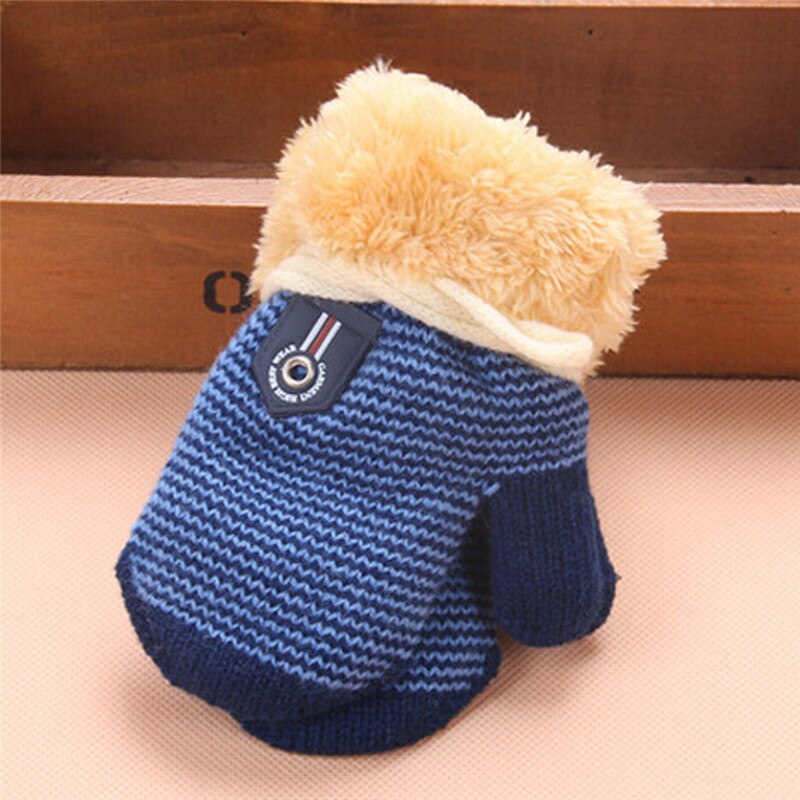 Winter Warm Baby Gloves Full Fingers Infant Girls Boys Thicken Knitting Mittens Rope Connection Kids Gloves: navy