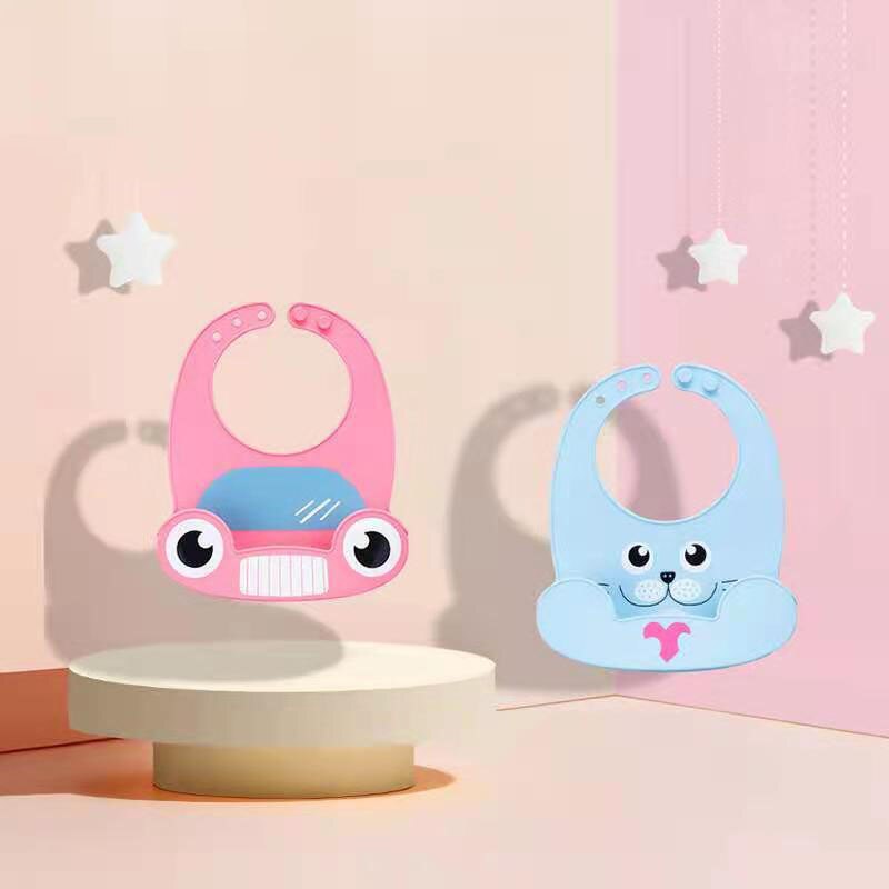 Children's silicone wide cartoon animal cute waterproof bib adjustable stereo pocket snoring baby bib