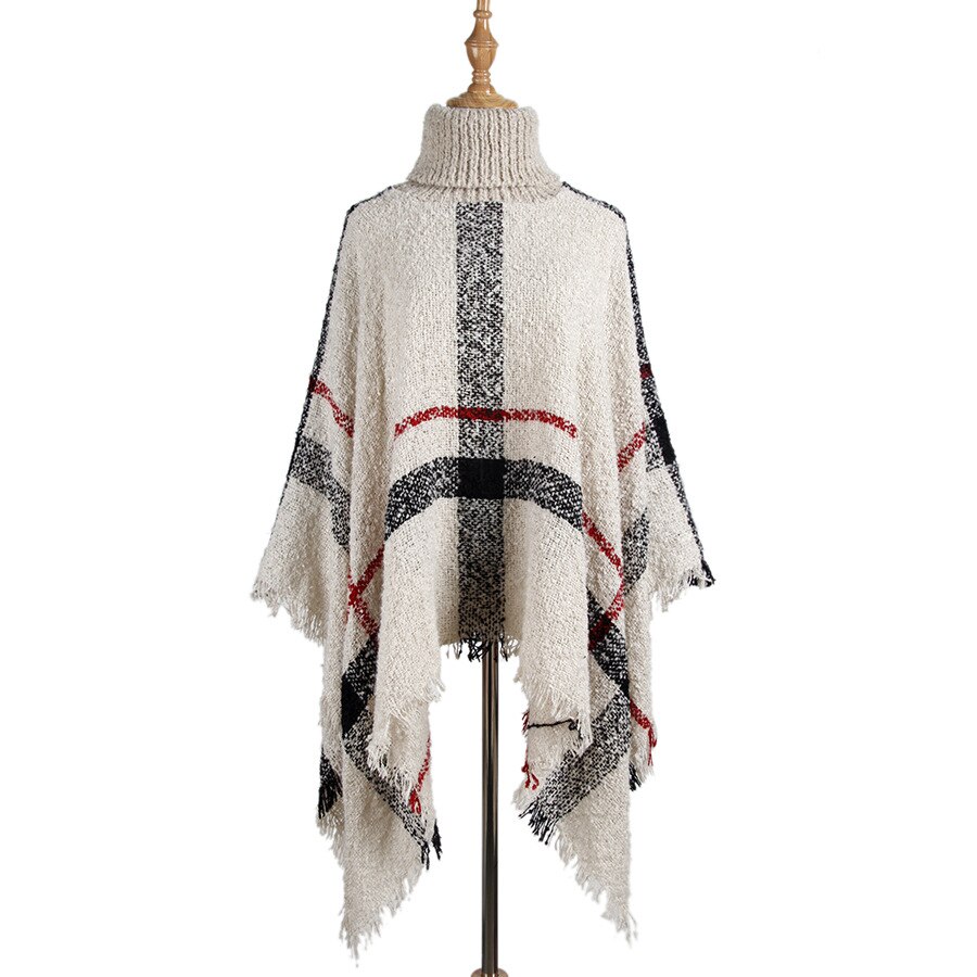 Larga de las mujeres de cuello alto con flecos capa cabo suelto tamaño suéter: creamy white