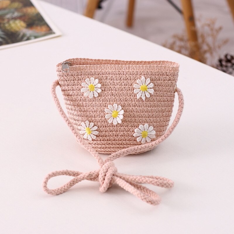 Zomer Meisje Strooien Hoed Tas Set Zon Cap Outdoor Kids Ademend Strand Hoeden Chrysant Zoete Prinses Seaside Panama Hoed: pink bag