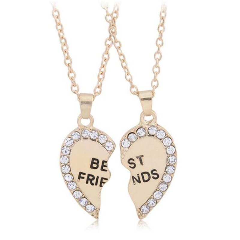 Unisex 2 Pcs BFF Necklace Women Crystal Heart Pendant Best Friend Letter Necklace Couple Necklace Men Friendship Jewelry