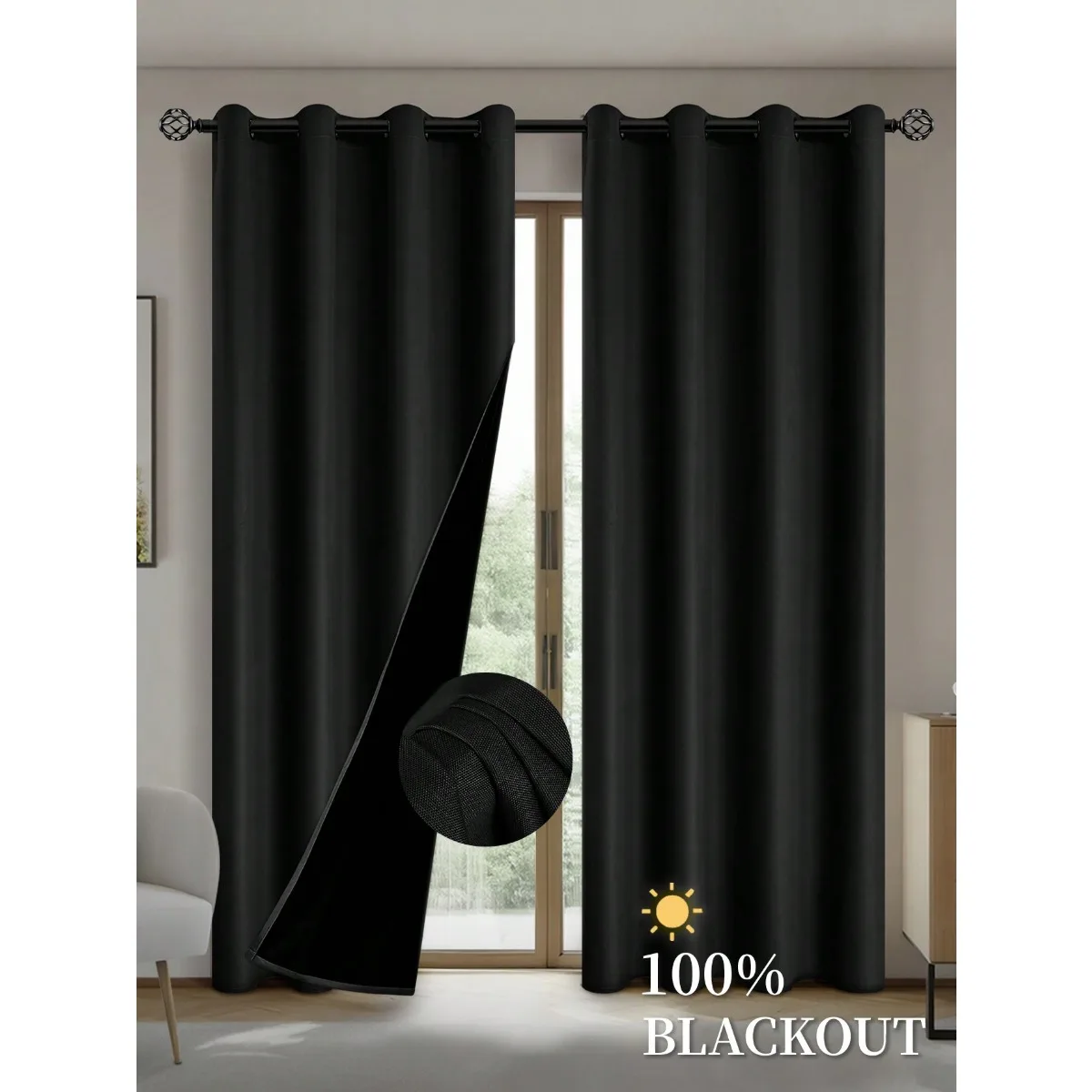 Cortinas opacas con forro aislante recubierto, adecuadas para sala de estar, dormitorio, cocina, decoración del hogar, decoración de la habitación, 2 uds.: 2 x 2,6 / Negro