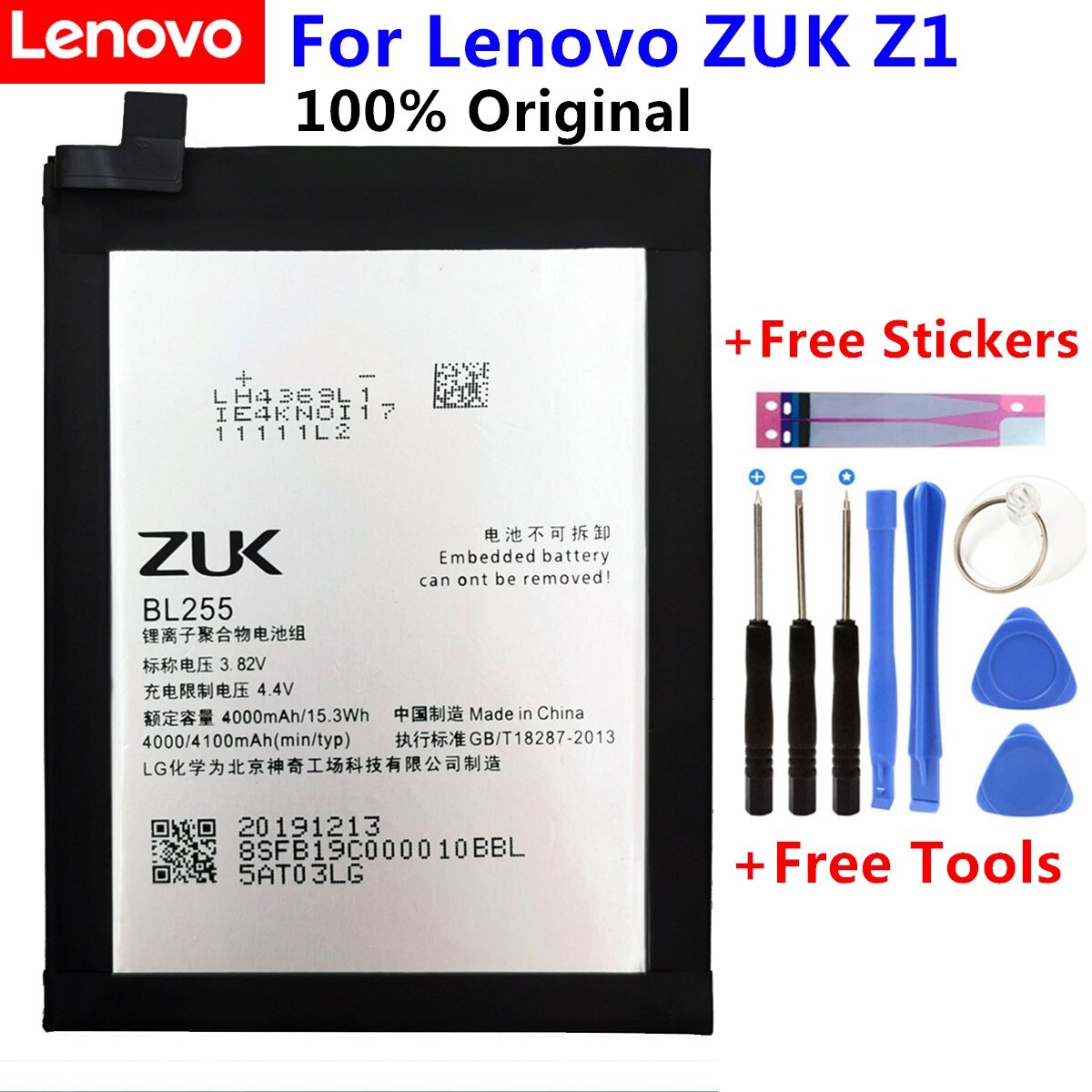 100% Original Battery for Lenovo Zuk BL263 Z2 PRO / BL255 Z1 / BL268 Z2 Z2131 Cell Phone Battery Tools+Stickers: BL255 Z1