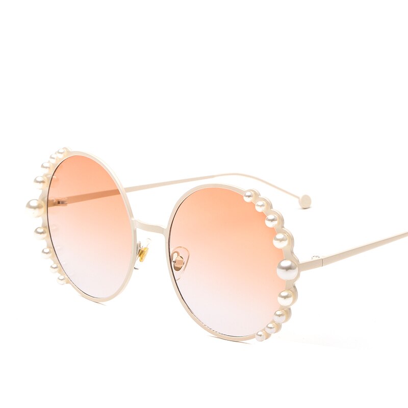 Luksus perle solbriller kvinder metal stel runde solbriller mærke spejl perle solbriller  uv400: Champagne
