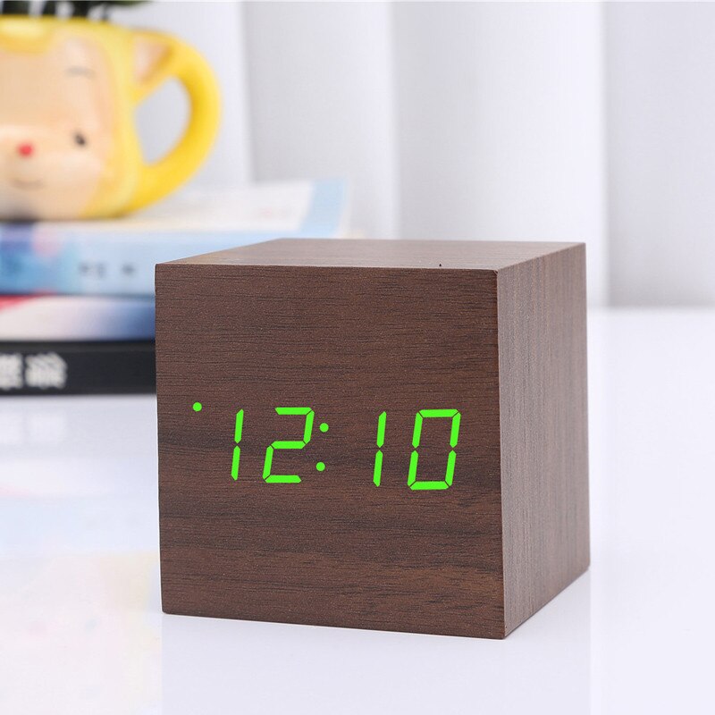 6*6cm Sounds Control Wooden Alarm Clock Modern Wood Digital LED Table Clock Thermometer Date Display Alarm Watch