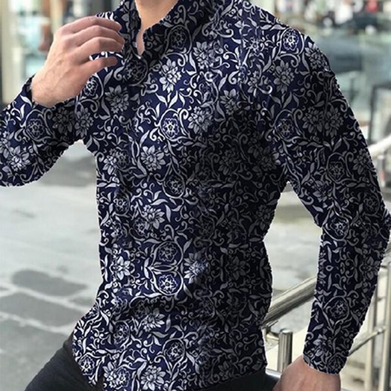 Neue herren Langarm Herbst lässig Taste-Nieder Hemden oben Blumen- drucken Männlich Geschäfts Schlank Muskel Spitzen
