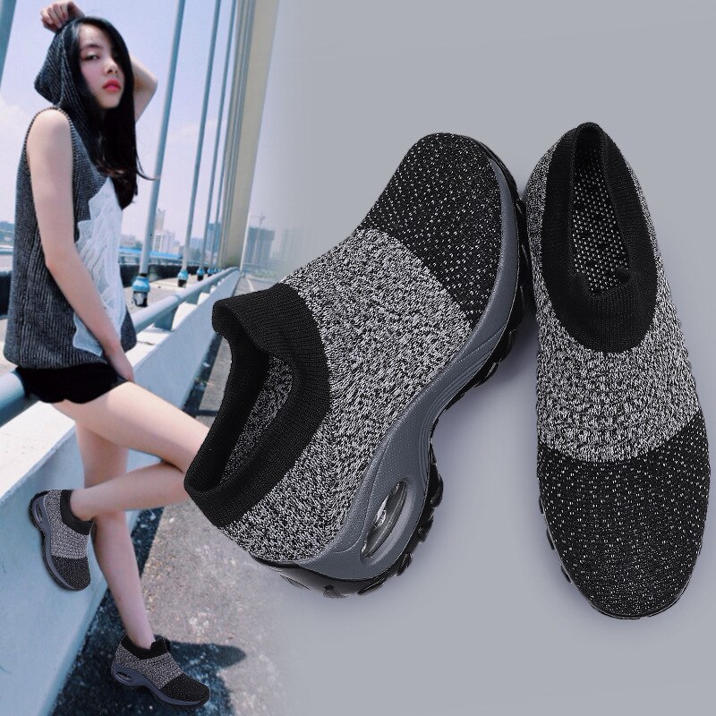 Women Sneakers Shoes Spring Flat Slip Sneakers For Women Breathable Mesh Sock Sports Running Shoes Platform Air Cushion Wedge