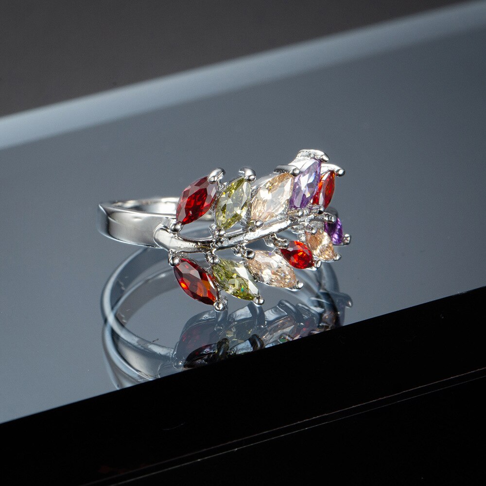 Valentine's Day Silver Color Leaves Tree Branch Ring For Woman Girls Simple Anillos Aneis Multicolors Crystal Silver Finger Ring