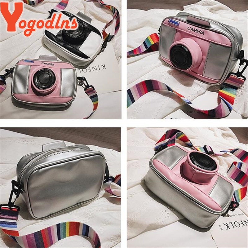 Yogodlns rolig kamera form handväska väskor för kvinnor liten personlighet pu läder crossbody väskor regnbågsrem axel flickor