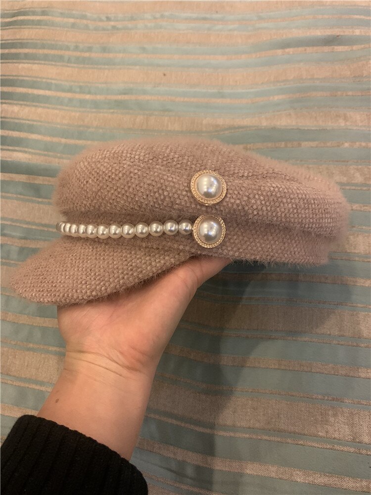 01911- fu-perle tilføje khaki farve perle knapper vinter varm imiteret pels dame ottekantet hat kvinder fritid visir kasket: Khaki