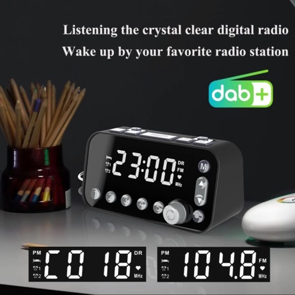 Dual USB Port Digital Alarm Clock DAB & FM Alarm Clock Radio LCD Backlight Sleep Timer for Office Bedroom Travel