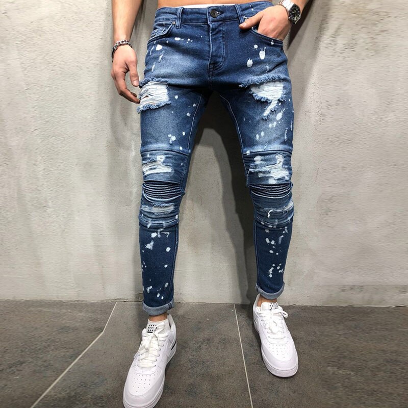 Men's Painted Skinny Slim Fit Straight Ripped Distressed Pleated Knee Patch Denim Pants Stretch Jeans
