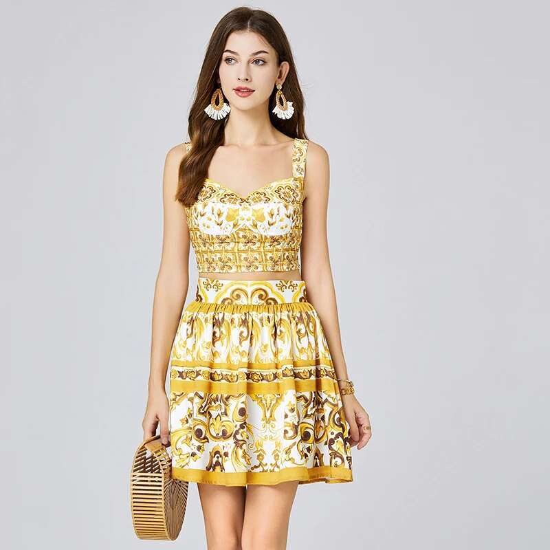 Runway Summer Golden Yellow Floral Two Piece Women Skirts Sets Sexy Crop Tops Corset Mini Short Skirts Suits