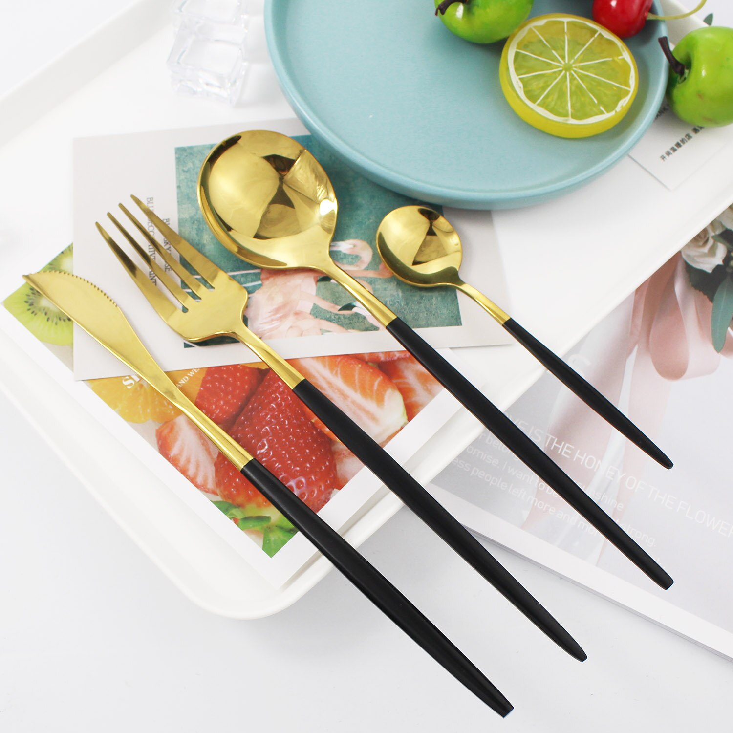 36Pcs Zwart Goud Servies Set Gouden Lepels Vorken Messen Bestek Sets Roestvrij Staal Slverware Midden Mes Vork Eetlepel