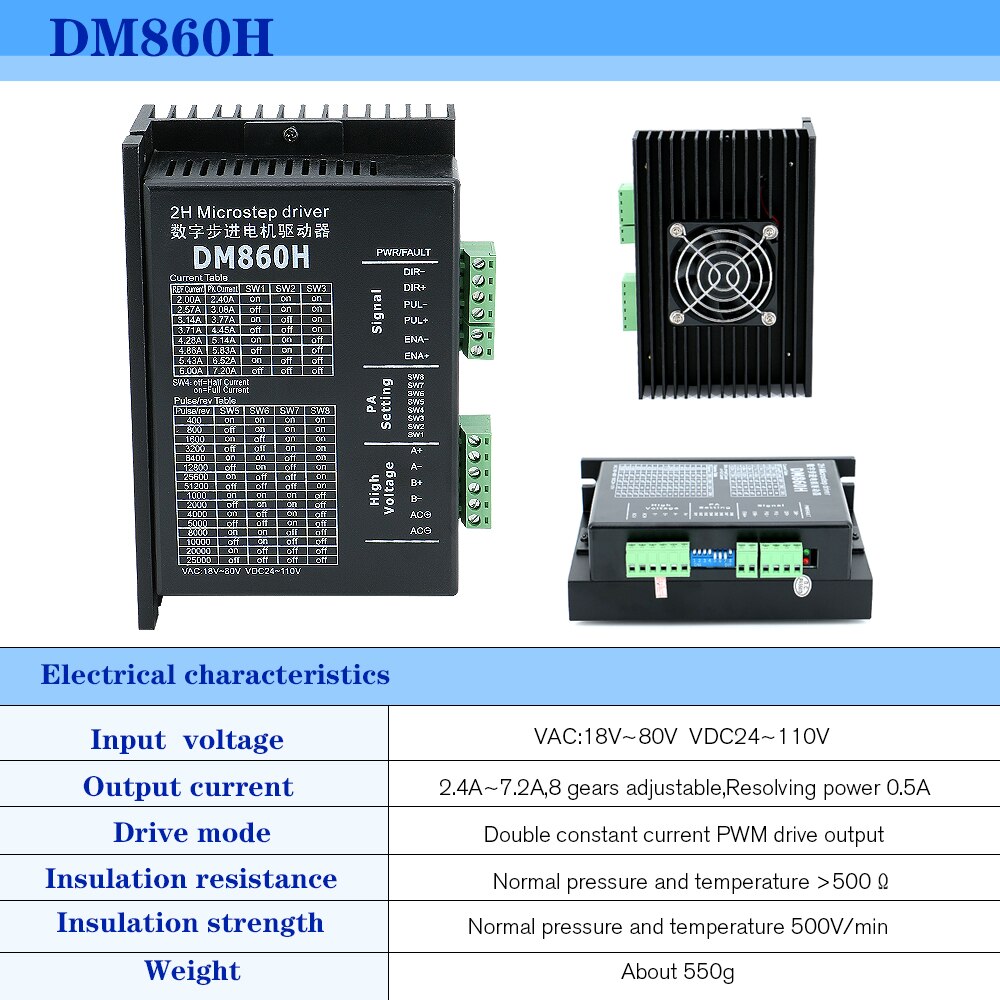 Controlador de micropasos de 2 fases DM860H / DMA860H vac 18-80v Vdc 24-110v 2.4A-7.2A para motor paso a paso Nema34 nema32