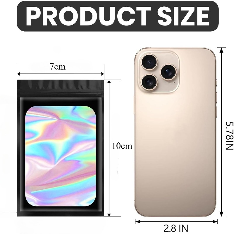 100 szt. Kolorowe Czarne Holograficzne Torebki Mylarowe Samozamykające z Zamkiem Błyskawicznym i Okienkiem, Plastikowe, Zapobiegające Nieprzyjemnym Zapachom