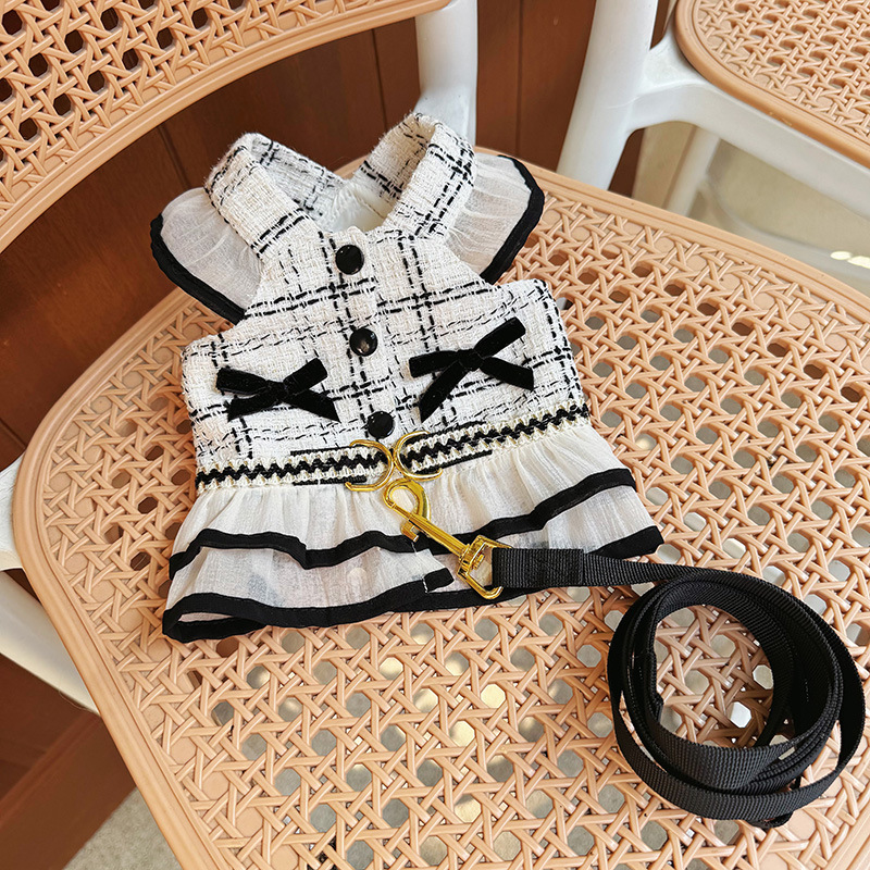 Spring/Summer Pet Checkered Strap Skirt Cute Dress Dog/Cat Clothing Style Traction Set with Traction Rope Dog Harness Puppy: L