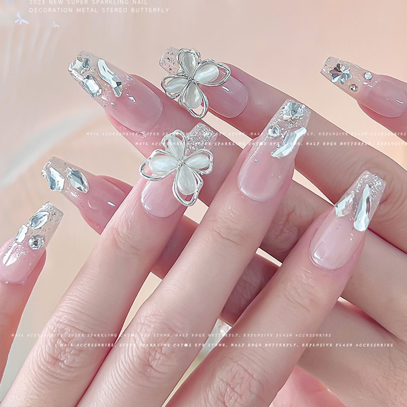 10Pcs Siver White Crystal Butterfly Nail Charms 3D Hollow Cat's Eye Alloy Zircon Nail Gems Luxury Diamond Butterfly Nail Charms