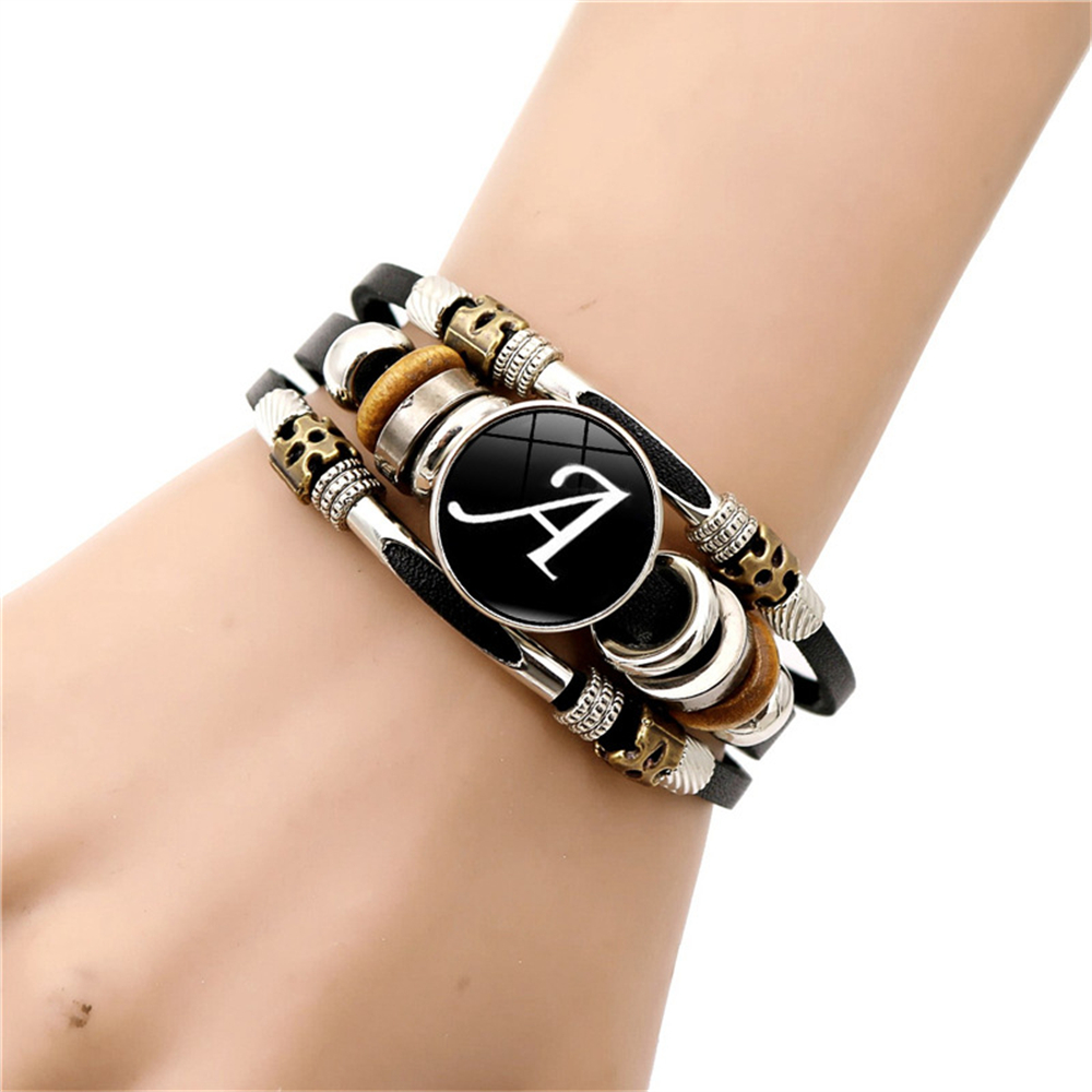 Retro A-Z Initial Alphabet Bracelet Adjustable Leather Double Side Hand Made Rope Bangles for Men Boy Jewelry