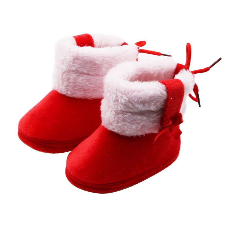 Botas recién nacido de nieve para bebé, suela antideslizante, zapatos cálidos con forro de piel para invierno, bonitos Botines altos con lazo y lazo para niño y niña: Rojo / 5 to 8 Months