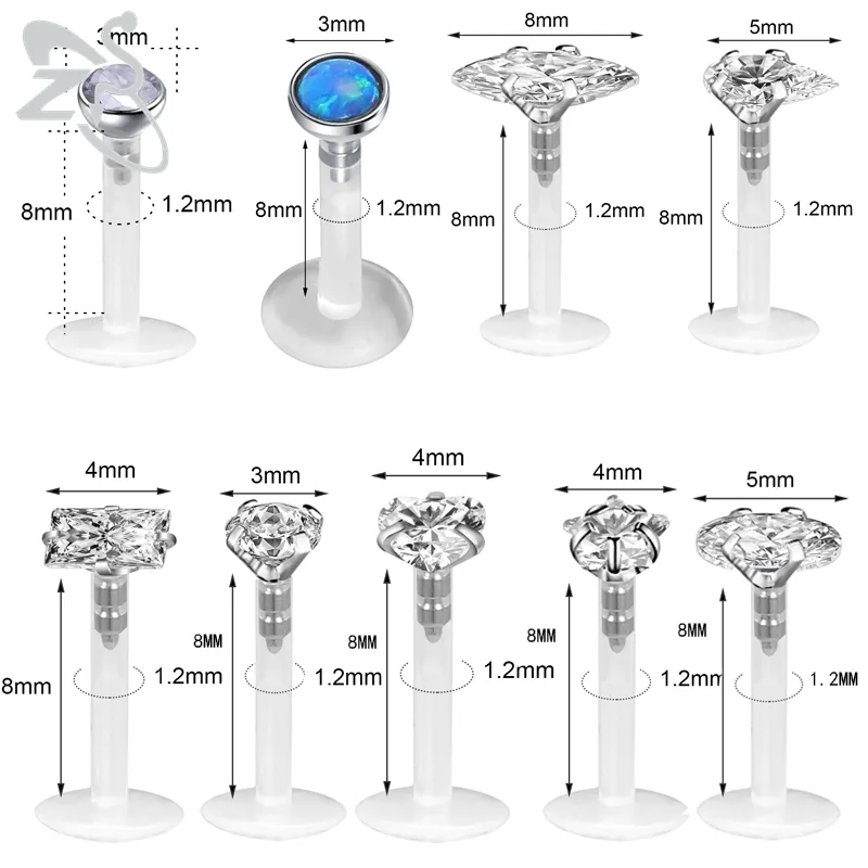 ZS 5 unids/lote 16G claro Bioflex labio Labret Piercing Set cristal Monroe labio Stud estrella corazón oreja Tragus hélice cartílago Piercings
