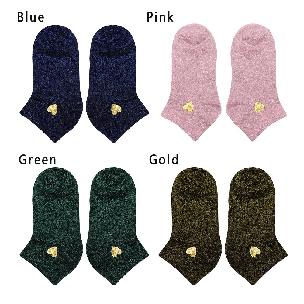 Borduurwerk hart liefde glitter sokken dames modieus zilver goud zijde kleurrijk glanzende sokken glimmende calcetines vrouw