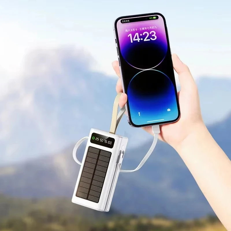 50000 mah solcelle-powerbank med stor kapacitet, indbyggede kabler, eksternt batteri, led-lys, bærbar oplader til iphone