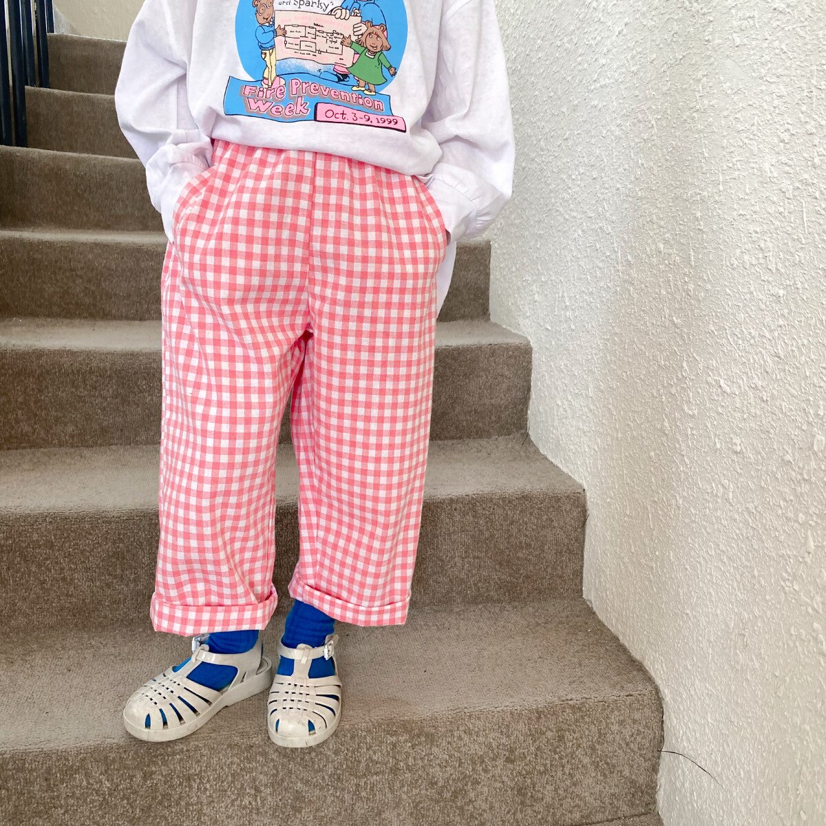 Våren jenter bomull rutete hoftebukser myke, løse bukser for barn 2-7y