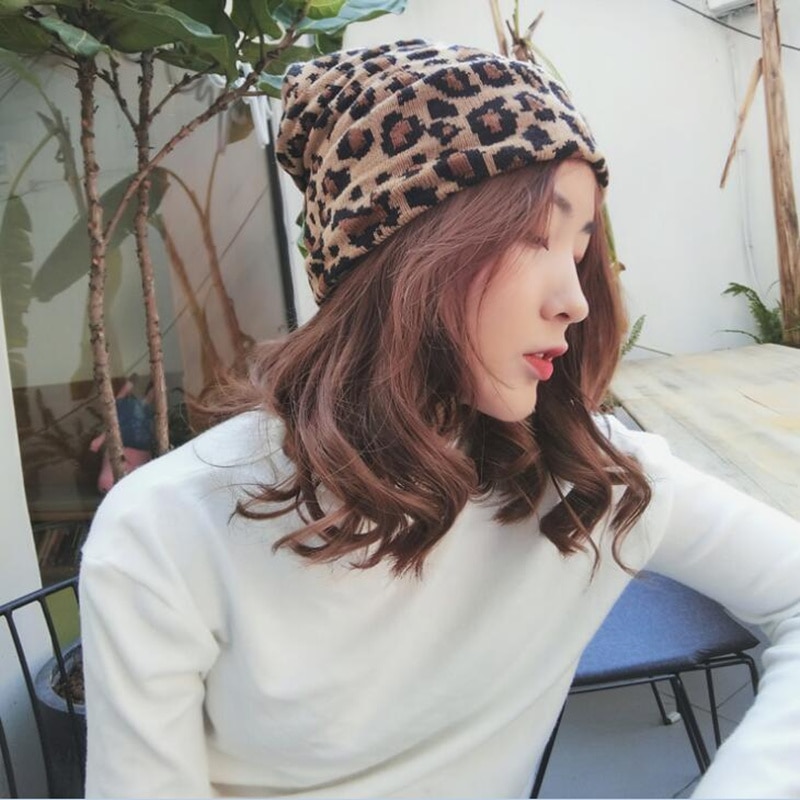 Vinter kvinder leopard hue hatte varmere dame hatte leopard print strikkede vinter skulle kasketter