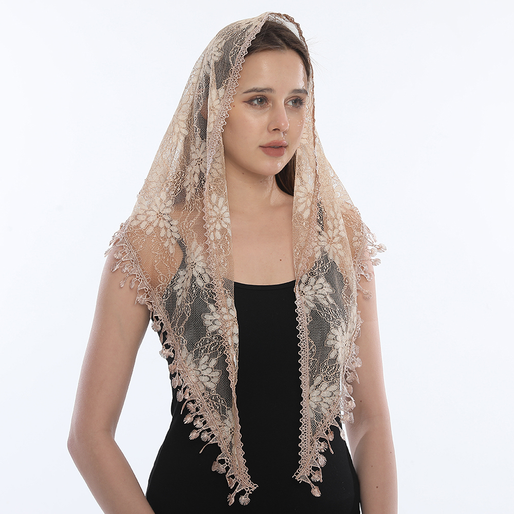 Bufanda de encaje triangular bordada para chal de iglesia Mantilla española velo católico bufanda de iglesia para mujer pañuelo negro blanco