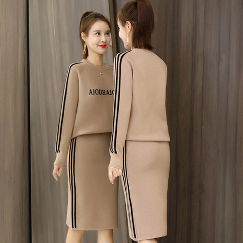 Women's Knit Sweater Dress Set - Long Sleeve O-Neck Pullover + Elastic Waist Mid-Calf Skirt