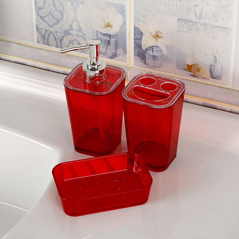 3Pcs/Set Bathroom Accessories Transparent Plastic Inlcude Soap Dispenser Toothbrush Holder Soap Dish: Red