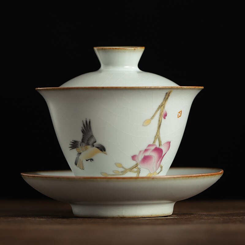 Pastoral keramik gaiwan fågelterrin kung fu teservis handgjord målning stor skål drinkware teskål: A