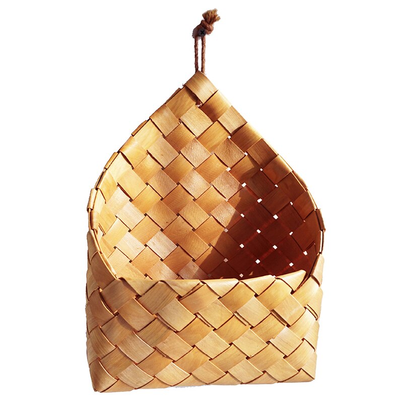 1pc wicker brown wood wall hanging pocket basket flat back door decor country decor: Default Title