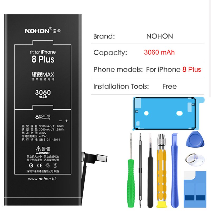 Ad alta capacità Batteria NOHON Per iPhone 5 6 S 6 S 5S 5C SE X 7 8 Più di 6 più di 7Plus 8 Più iPhone5 iPhone6 iPhone7 iPhone8 Strumenti Gratuiti: For 8 Plus 3360mAh