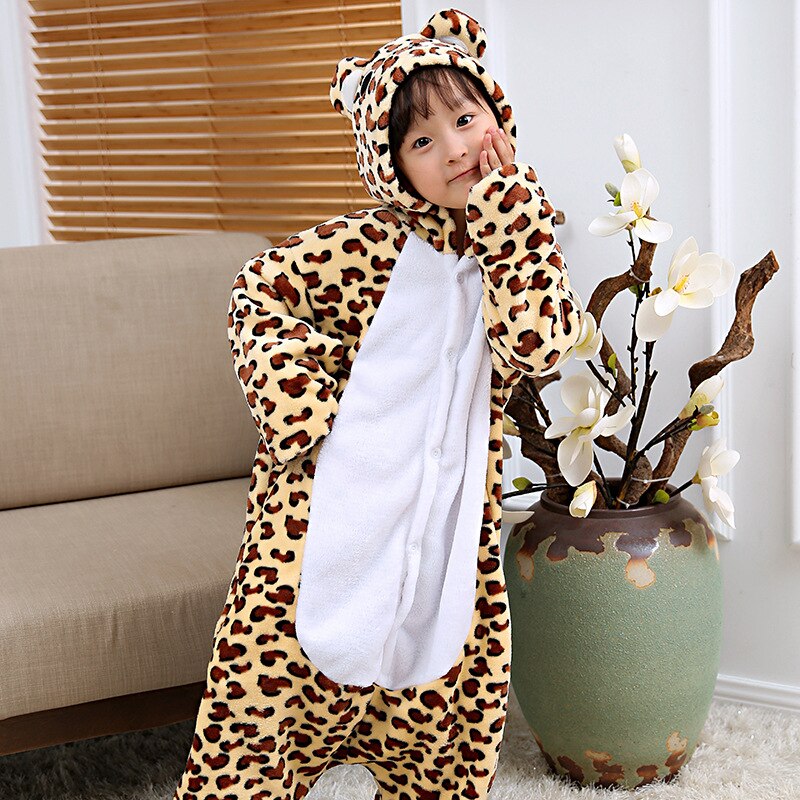 Leopard Kigurumis For Children Animal Panther Flannel Warm Pajamas Boy Girl Halloween Suit Winter Sleepwear Funny Cute