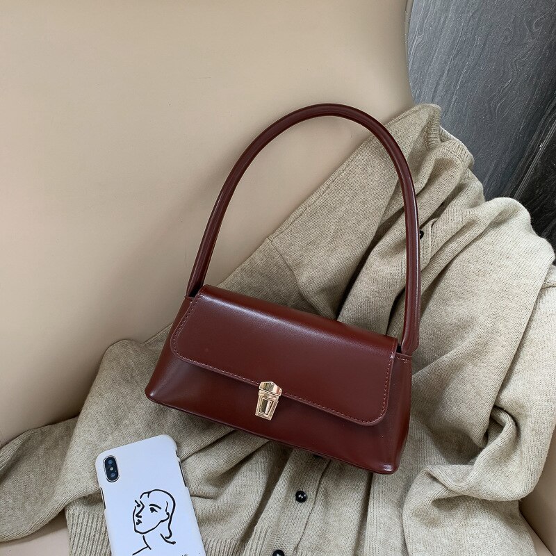 Originele Handvat Tas Vrouwen Retro Mode Pu Lederen Schoudertas Bakken Onderarm Top Vrouwelijke Kleine Subaxillary Tassen Clutch: Dk Brown