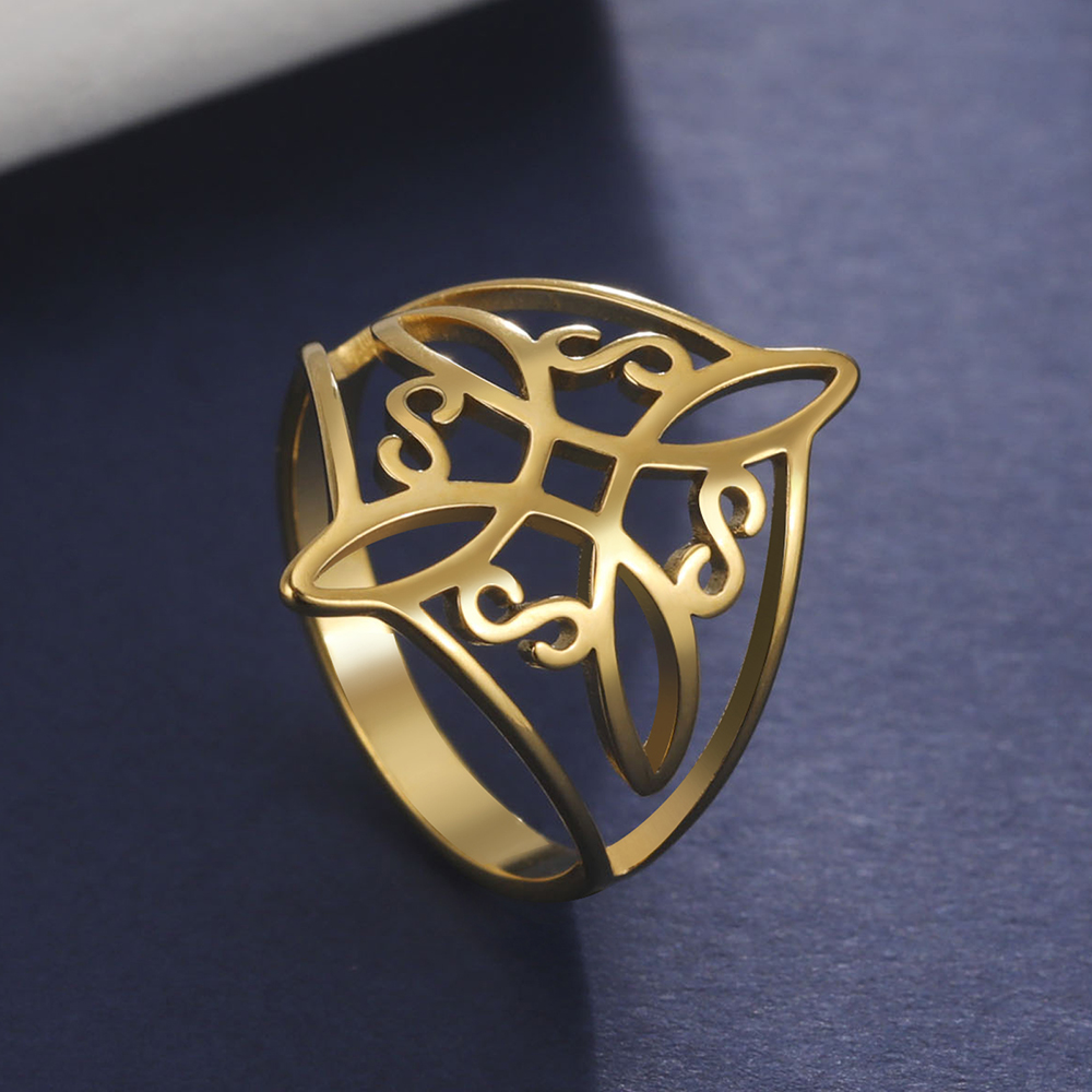 Dawapara Witch Knot Ring for Women Stainless Steel Celtis Knot Ring Witchcraft Amulet Pagan Wiccan Jewelry Valentine's Day: 10 / Gold