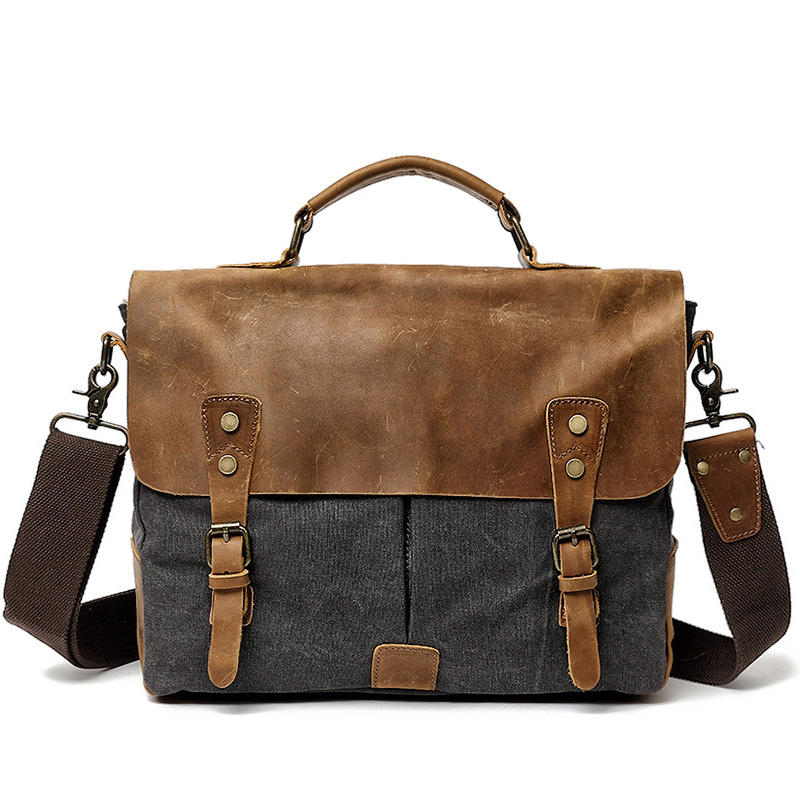 Muchuan heren messenger bags, canvas schoudertas, handtas, crazy horse leren aktetas, retro kantoortas, handgemaakte tassen voor mannen: Zwart
