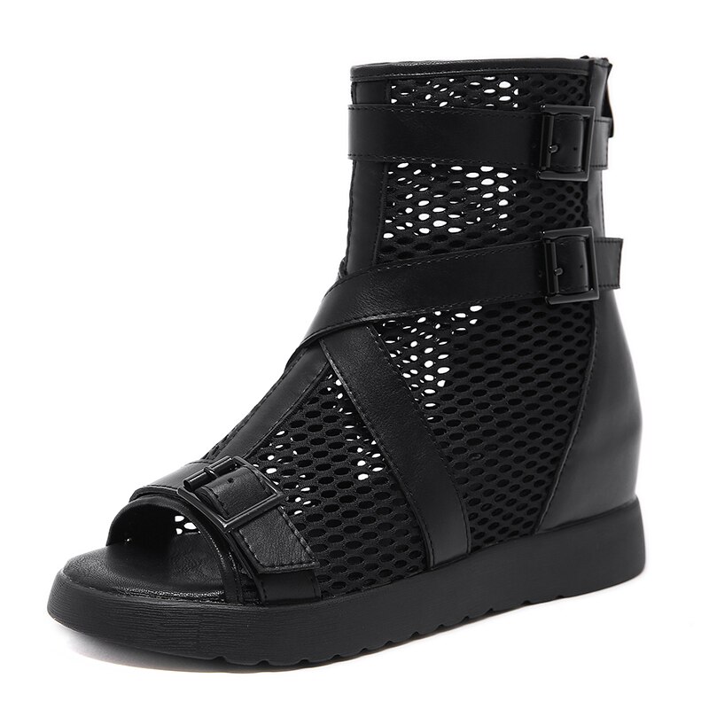 Gdgydh-zapatos góticos de verano para mujer, zapatos gladiador mujeres, a la , con correa de hebilla, botas de malla para tobillo, Punta abierta con cremallera: 8