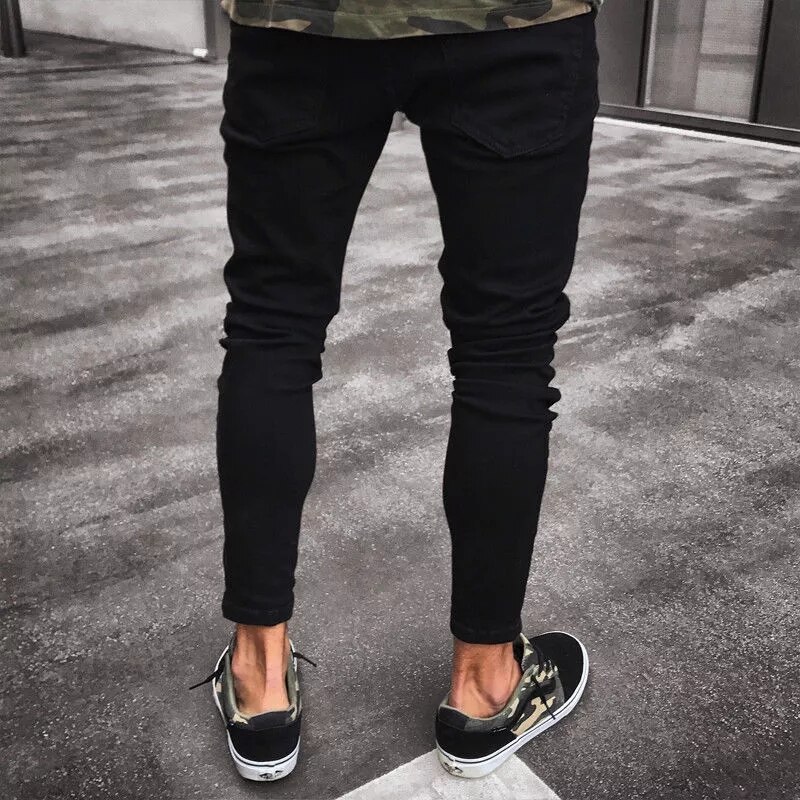 Heren Jeans Cool Brand Black Ripped Ripped Stretch Jeans Slim Fit Hop Broek Met Gaten Voor Mannen