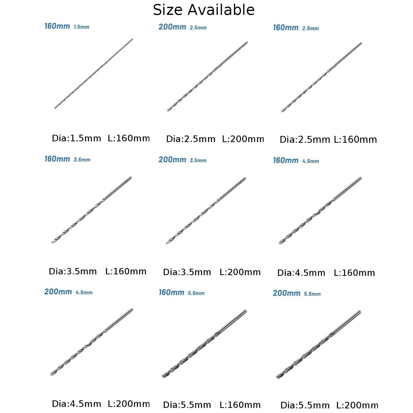 Herramienta eléctrica, broca de 160/200mm HSS de acero de alta velocidad Extra larga para plástico para madera, Particular extendido de 1,5/2,5/3,5/4,5/5,5mm