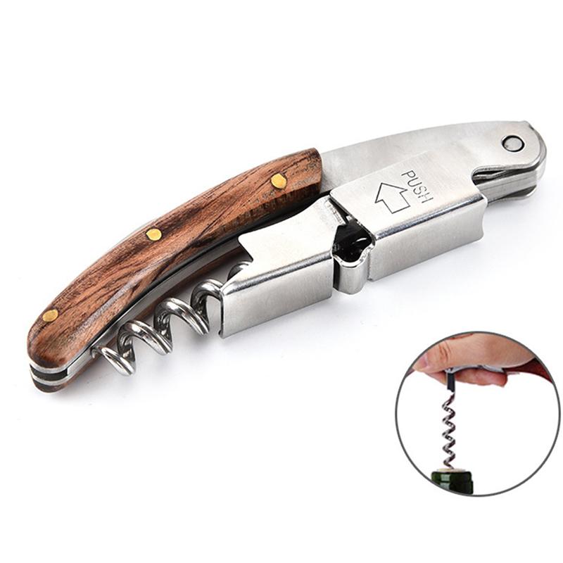 Bottle OpenerAll-in-one Stainless Steel Corkscrew with Wood Handle and Leather Case