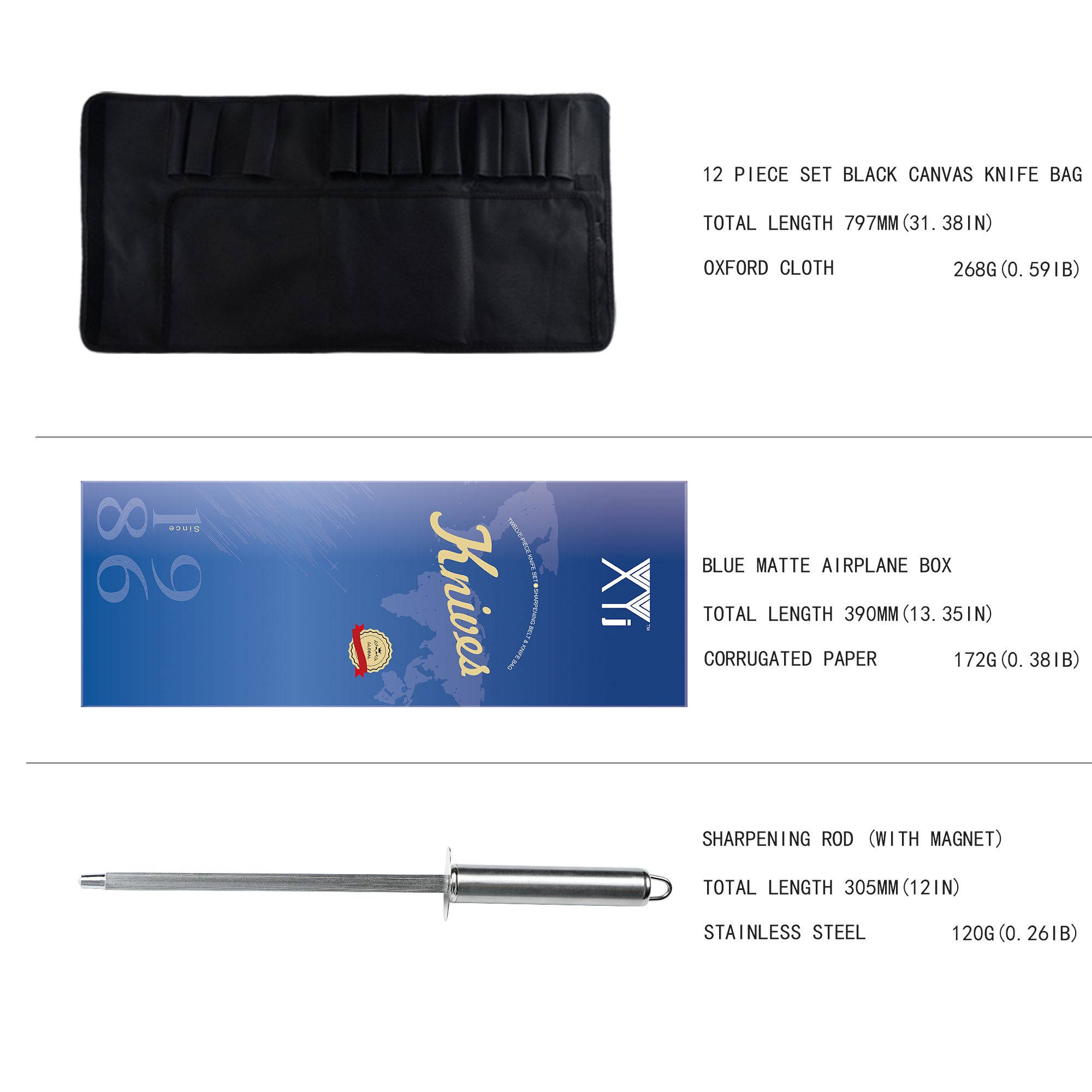 XYj ensemble de couteaux en acier inoxydable, couteau de boucher à hacher, ciseaux aiguiseur barre transport couteau sac boîte housse