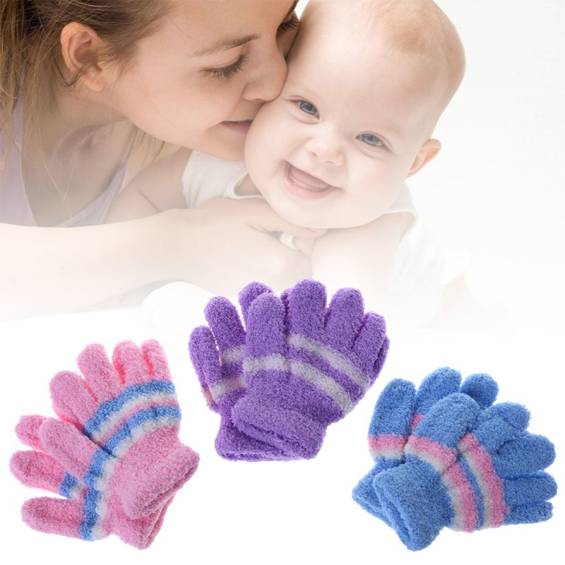 1 paar Baby Handschuhe Warme Winter Voller Finger Thermische Korallen Fleece Kinder Jungen Mädchen Bunte Streifen Weiche Elastische Feste GXMB