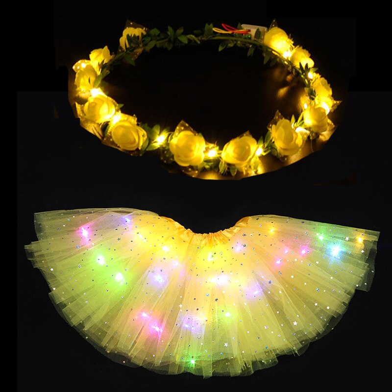 Jupe Tutu lumineuse LED pour femmes et filles, guirlande de fleurs, bandeau, , vêtements de fête néon, Costume de princesse de mariage d&#39;anniversaire: yellow star skirt